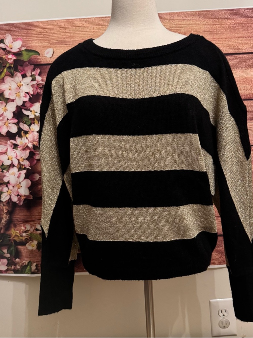 INC International Concepts Black and Gold Metallic Stripe Crewneck Sweater